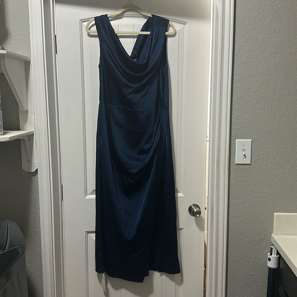 Women’s stretch satin drape midi dress ￼